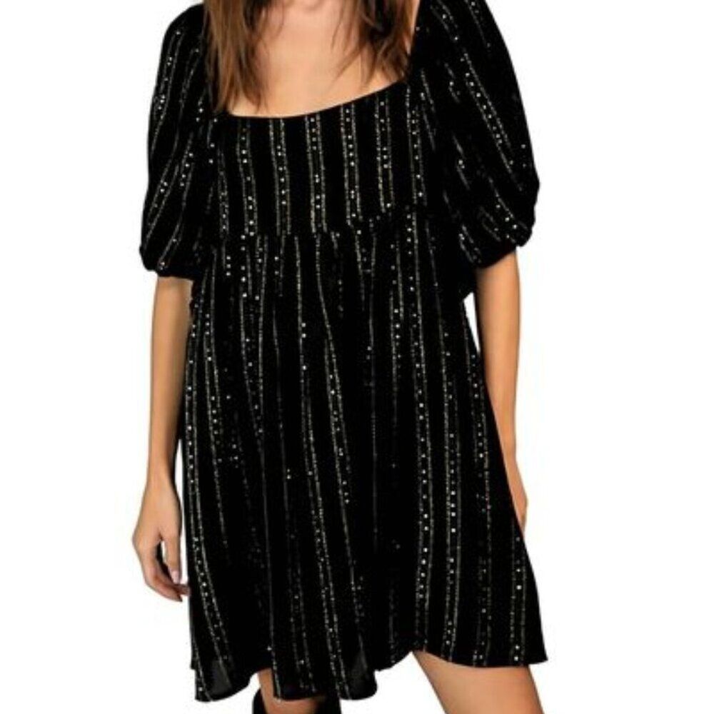 Women By Together Striped Sequin Puff Sleeve Babydoll Dress Black Green Small - Picture 1 of 12
